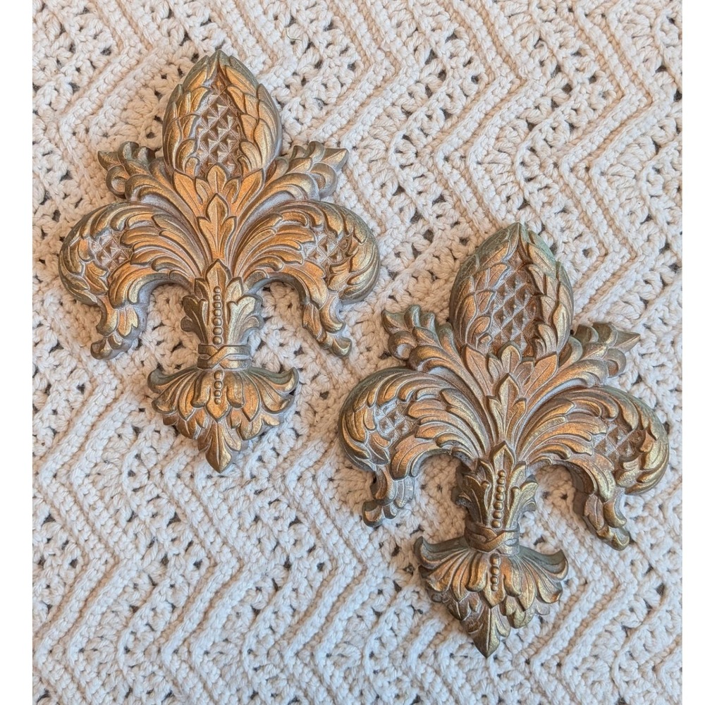 Vintage Syroco Gold Fleur De Lis Wall Plaques Set of 2 Mid Century Decor 5163